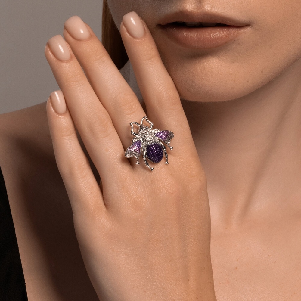 Prsteň zo striebra s kameňmi FIANIT, ENAMEL- FIALOVÝ