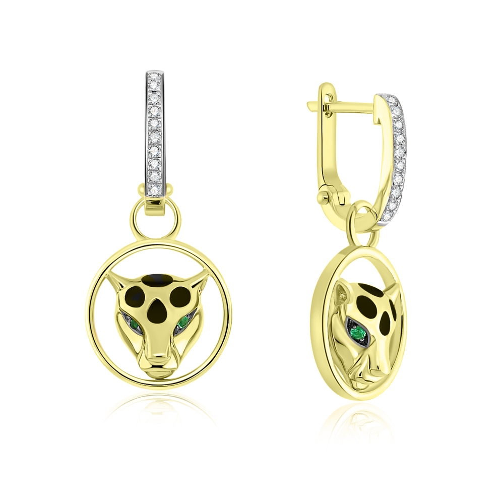 Náušnice zo žltého zlata s kameňmi DIAMANT, Smaragd a ENAMEL- ČIERNY