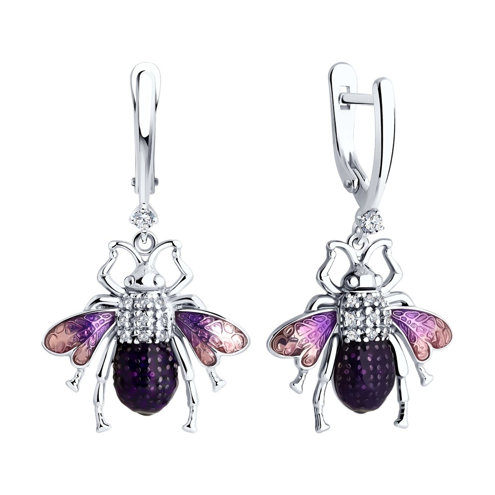 Náušnice zo striebra s kameňmi FIANIT, ENAMEL- FIALOVÝ