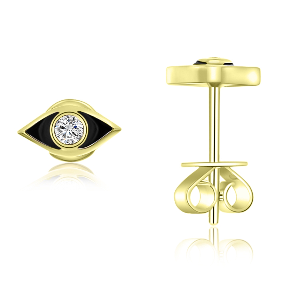Náušnice zo žltého zlata s kameňmi DIAMANT, ENAMEL- ČIERNY