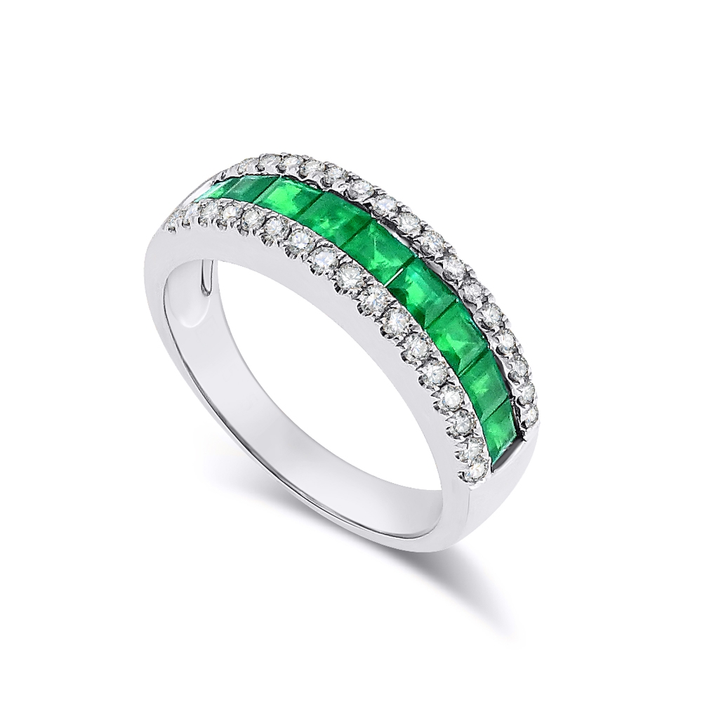 Prsteň z bieleho zlata s kameňmi DIAMANT, Smaragd