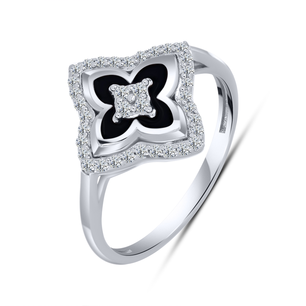 Prsteň zo striebra s kameňmi SYN ZIRKÓN 5A- BIELY, ENAMEL- ČIERNY