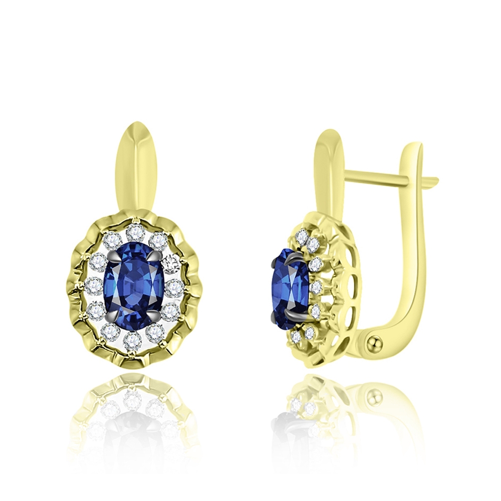Náušnice zo žltého zlata s kameňmi DIAMANT, ZAFÍR