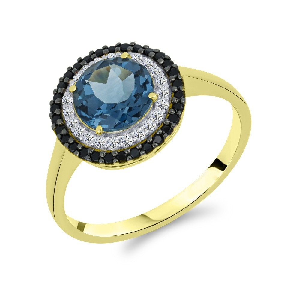 Prsteň zo žltého zlata s kameňmi TOPÁS- LONDON BLUE, SYN ZIRKÓN 5A- BIELY a ČIERNY SPINEL