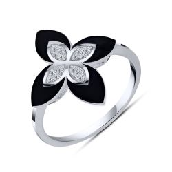 Prsteň zo striebra s kameňmi SYN ZIRKÓN 5A- BIELY, ENAMEL- ČIERNY