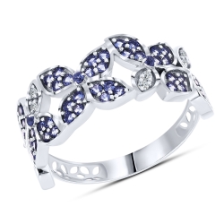 Prsteň z bieleho zlata s kameňmi KORUNDOVÝ ZAFÍR, DIAMANT